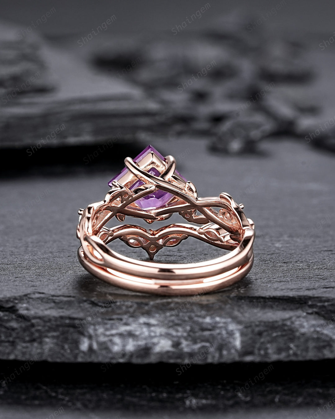 Vintage Princess Cut Amethyst Engagement Ring Set, Unique Rose Gold Twig Branch Wedding Ring, Leaf Bridal Set Promise Ring Anniversary Gift - ShainJewelry