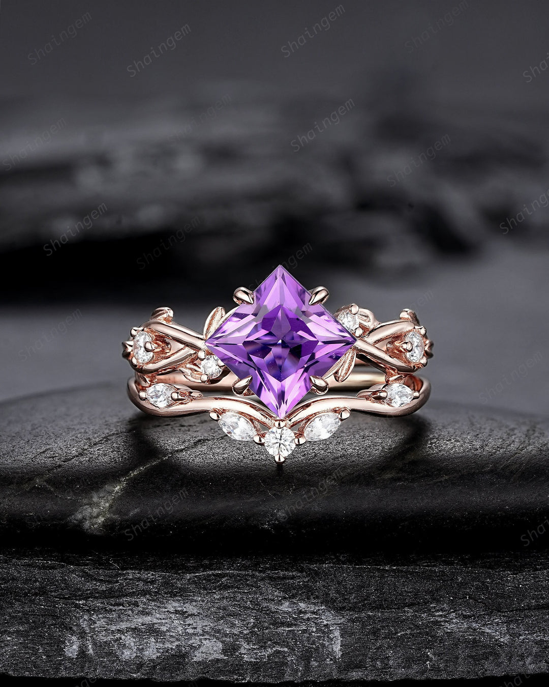 Vintage Princess Cut Amethyst Engagement Ring Set, Unique Rose Gold Twig Branch Wedding Ring, Leaf Bridal Set Promise Ring Anniversary Gift - ShainJewelry