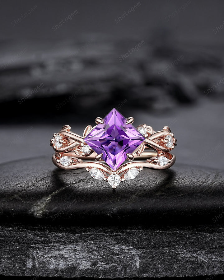Vintage Princess Cut Amethyst Engagement Ring Set, Unique Rose Gold Twig Branch Wedding Ring, Leaf Bridal Set Promise Ring Anniversary Gift - ShainJewelry