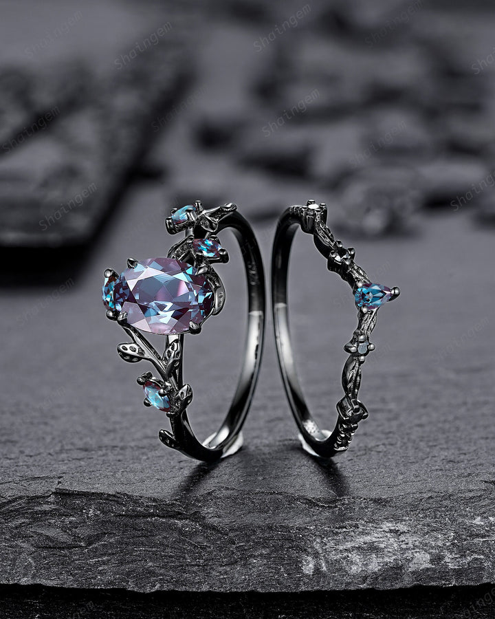 Gothic Oval Shape Alexandrite Black Engagement Ring Set, Black Gold Leaf Promise Ring Set, Rhodium Black Witchy Twig Branch Ring Bridal Set - ShainJewelry