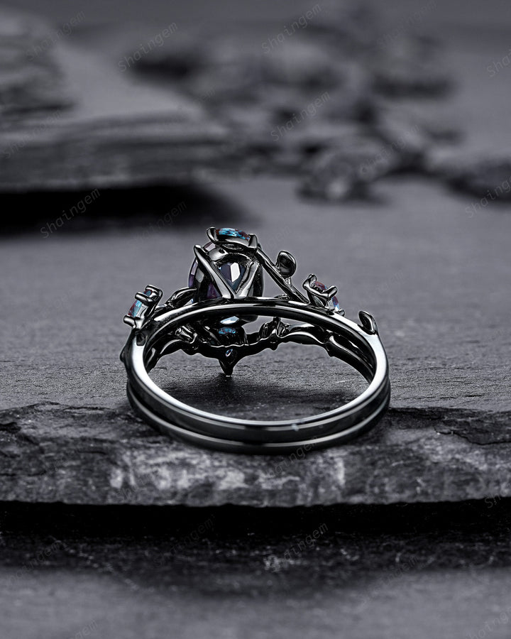 Gothic Oval Shape Alexandrite Black Engagement Ring Set, Black Gold Leaf Promise Ring Set, Rhodium Black Witchy Twig Branch Ring Bridal Set - ShainJewelry