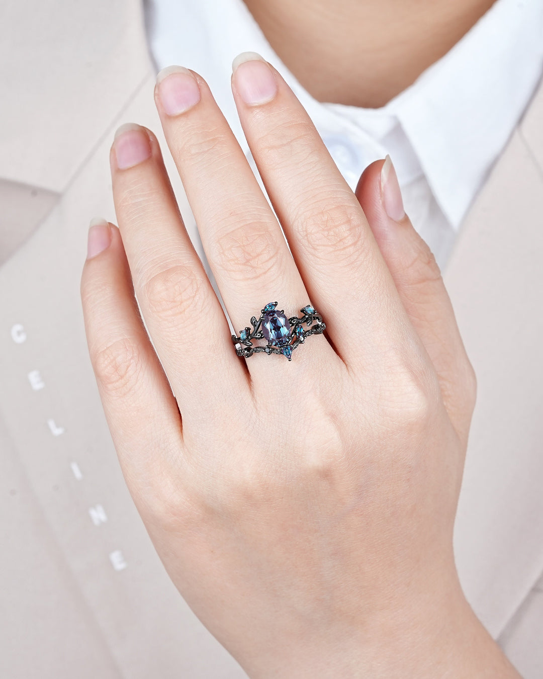 Gothic Oval Shape Alexandrite Black Engagement Ring Set, Black Gold Leaf Promise Ring Set, Rhodium Black Witchy Twig Branch Ring Bridal Set - ShainJewelry