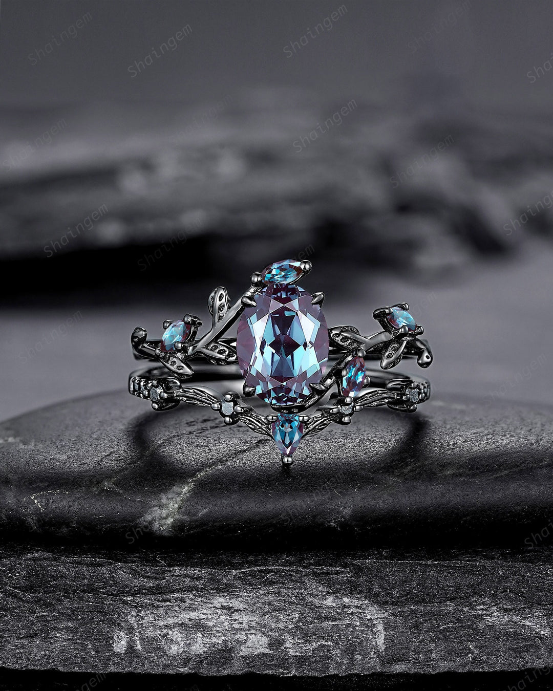 Gothic Oval Shape Alexandrite Black Engagement Ring Set, Black Gold Leaf Promise Ring Set, Rhodium Black Witchy Twig Branch Ring Bridal Set - ShainJewelry