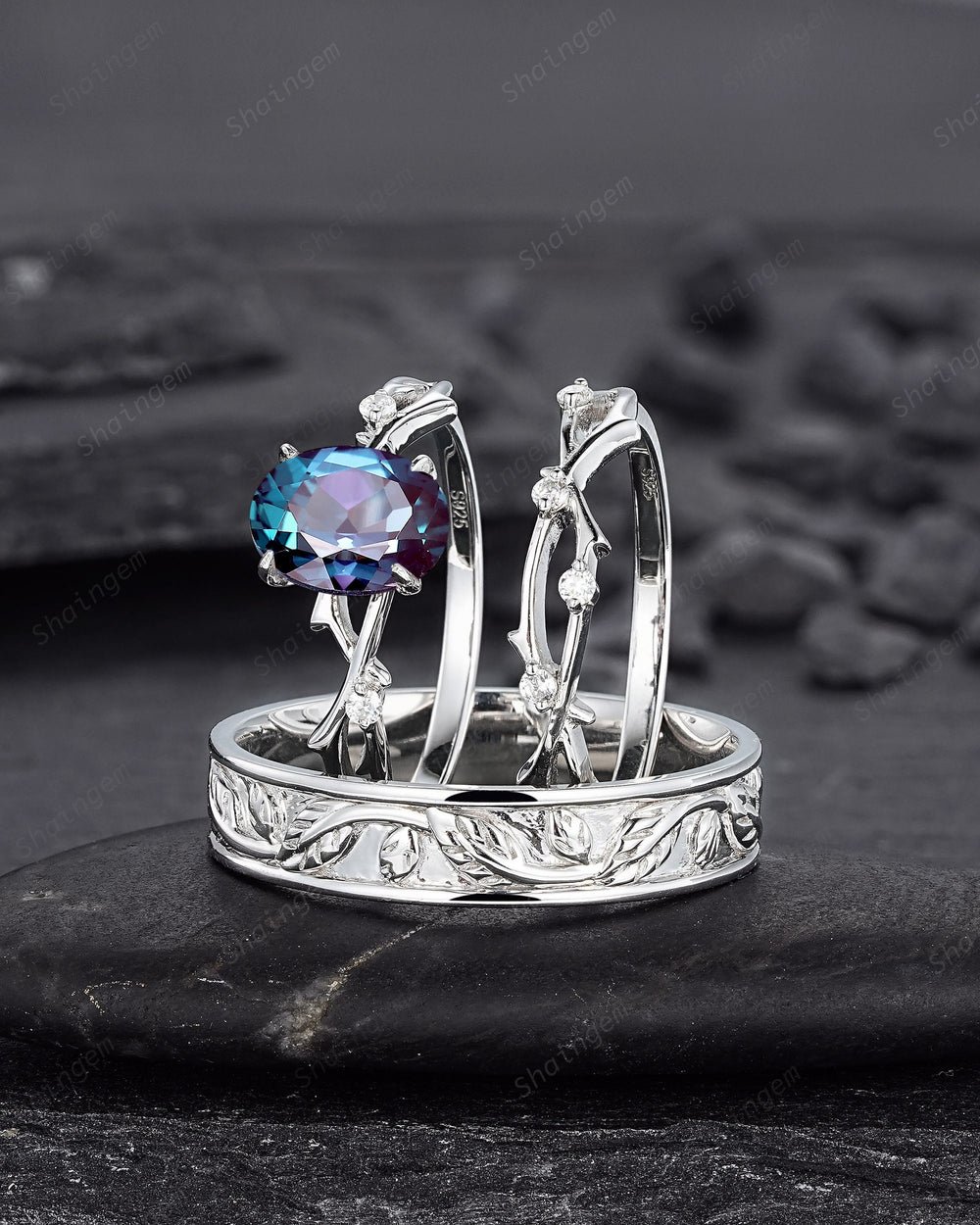 3PCS His and Hers Wedding Ring Set, Oval Shape Alexandrite Engagement Ring, 14K White Gold Twig Branch Couple Promise Ring Set, Men's Band