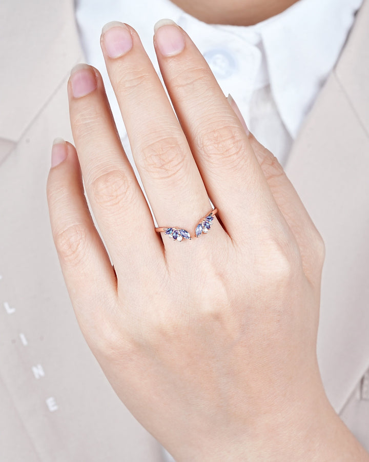 Open Gap Marquise Alexandrite Cluster Wedding Band, 14K Rose Gold Engagement Band, Curved Matching Band, Promise Ring, Engagement ring Gift - ShainJewelry