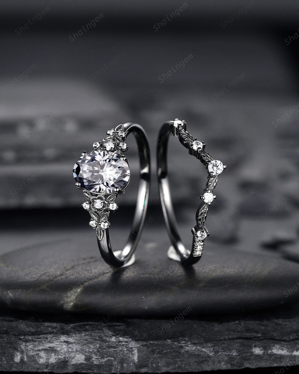 Gothic Oval Shape Gray Moissanite Engagement Ring Set, Black Gold Promise Ring, Rhodium Black Bridal Set, Witchy Black Floral Wedding Ring - ShainJewelry