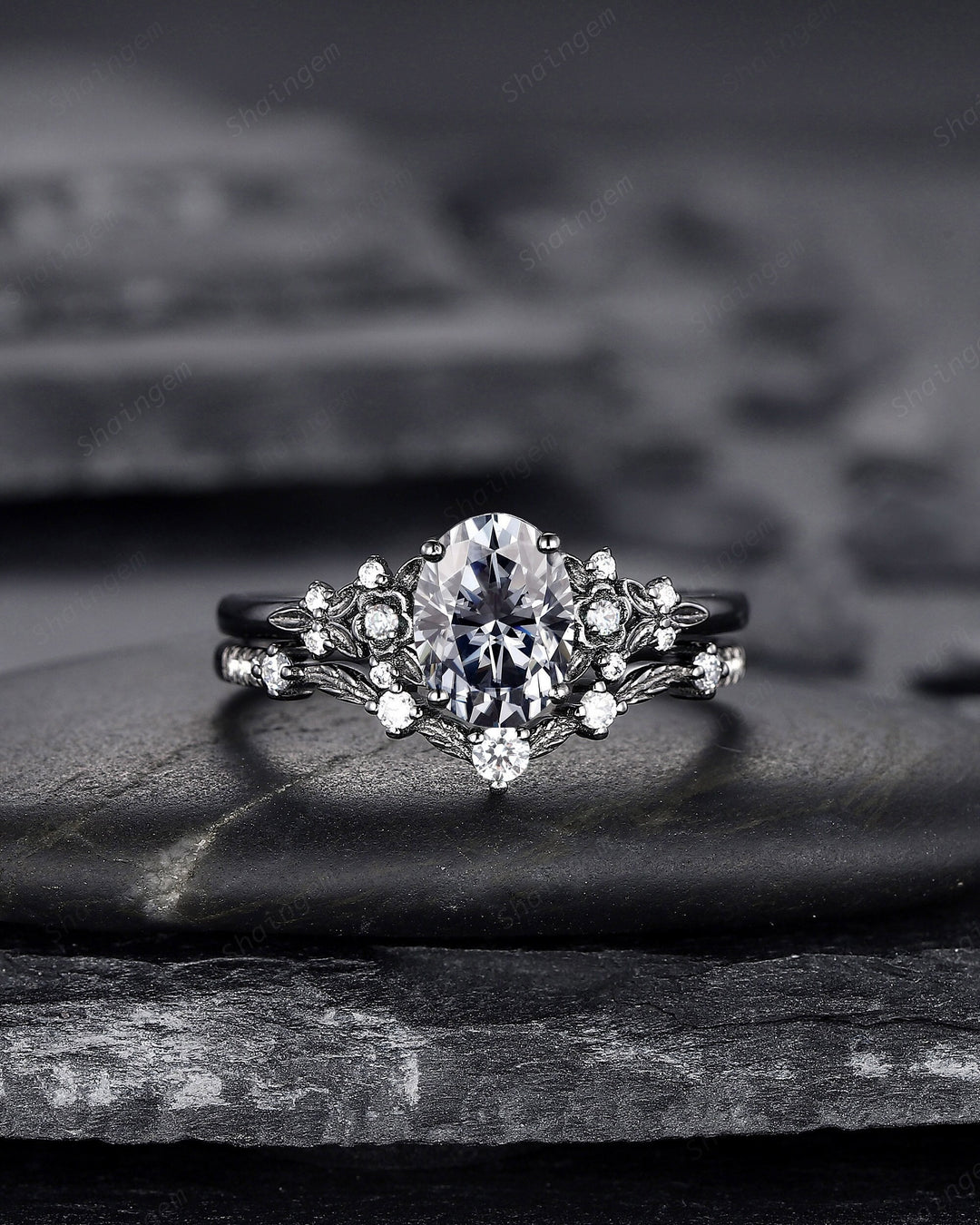 Gothic Oval Shape Gray Moissanite Engagement Ring Set, Black Gold Promise Ring, Rhodium Black Bridal Set, Witchy Black Floral Wedding Ring - ShainJewelry