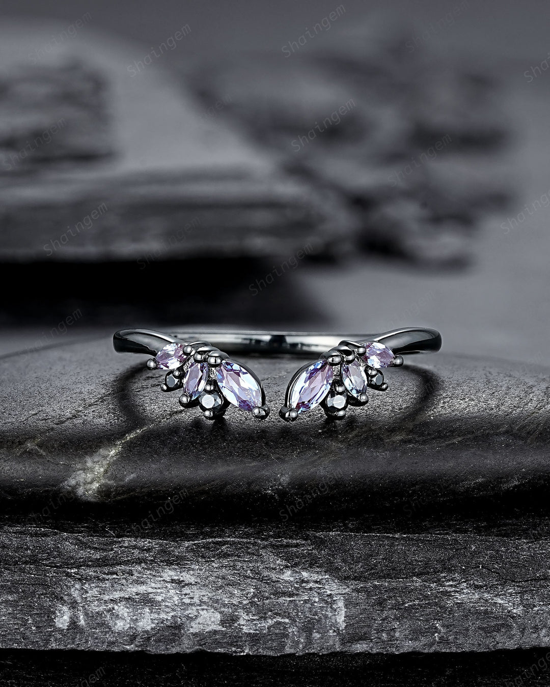 Open Gap Black Gold Marquise Alexandrite Wedding Band, Black Engagement Ring, Gothic Anniversary Matching Band, Rhodium Black Promise Ring - ShainJewelry