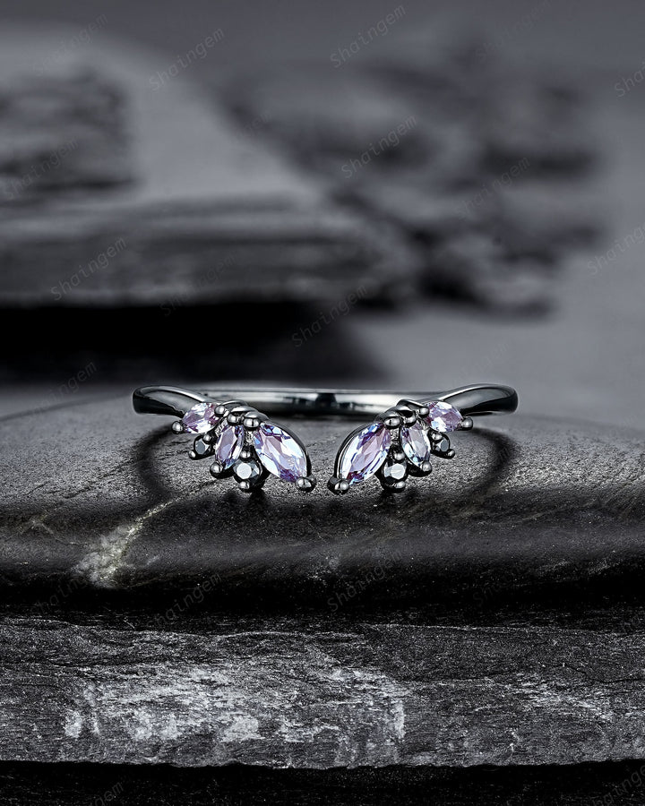 Open Gap Black Gold Marquise Alexandrite Wedding Band, Black Engagement Ring, Gothic Anniversary Matching Band, Rhodium Black Promise Ring - ShainJewelry