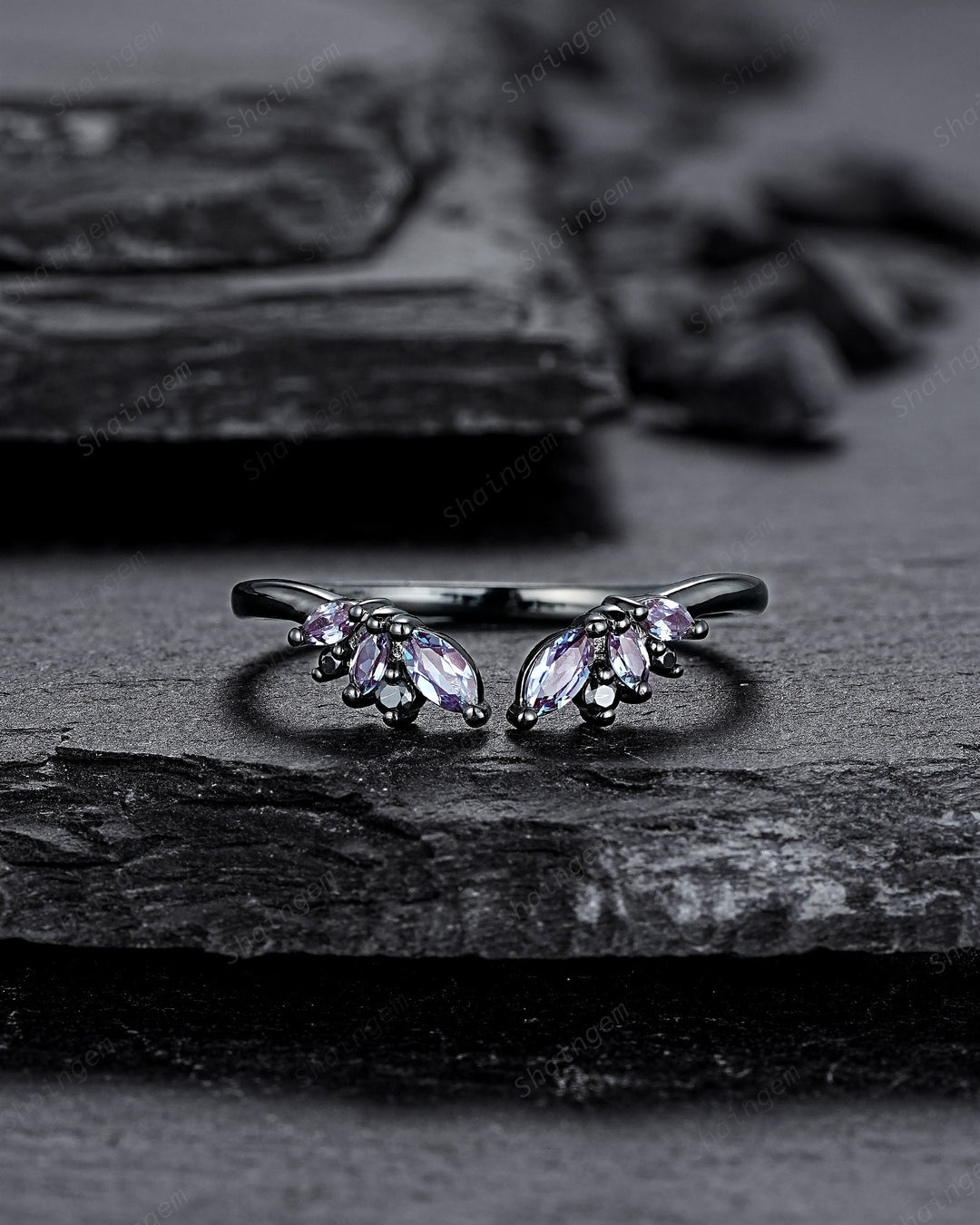 Open Gap Black Gold Marquise Alexandrite Wedding Band, Black Engagement Ring, Gothic Anniversary Matching Band, Rhodium Black Promise Ring - ShainJewelry