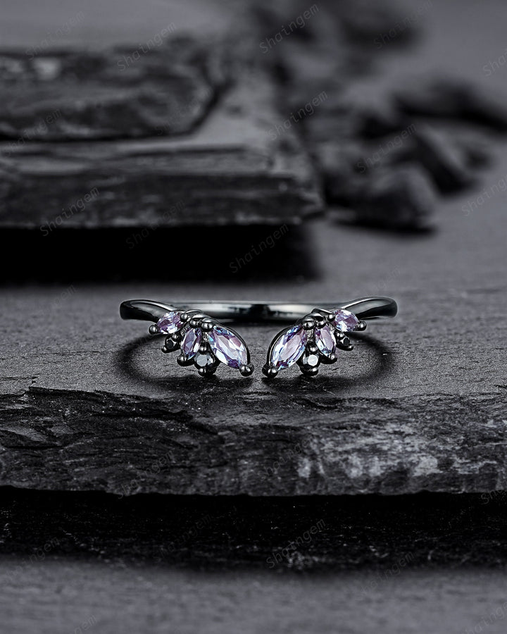 Open Gap Black Gold Marquise Alexandrite Wedding Band, Black Engagement Ring, Gothic Anniversary Matching Band, Rhodium Black Promise Ring - ShainJewelry