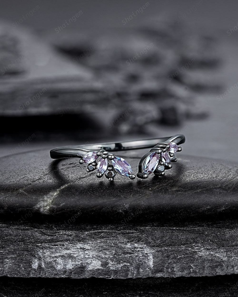 Open Gap Black Gold Marquise Alexandrite Wedding Band, Black Engagement Ring, Gothic Anniversary Matching Band, Rhodium Black Promise Ring - ShainJewelry