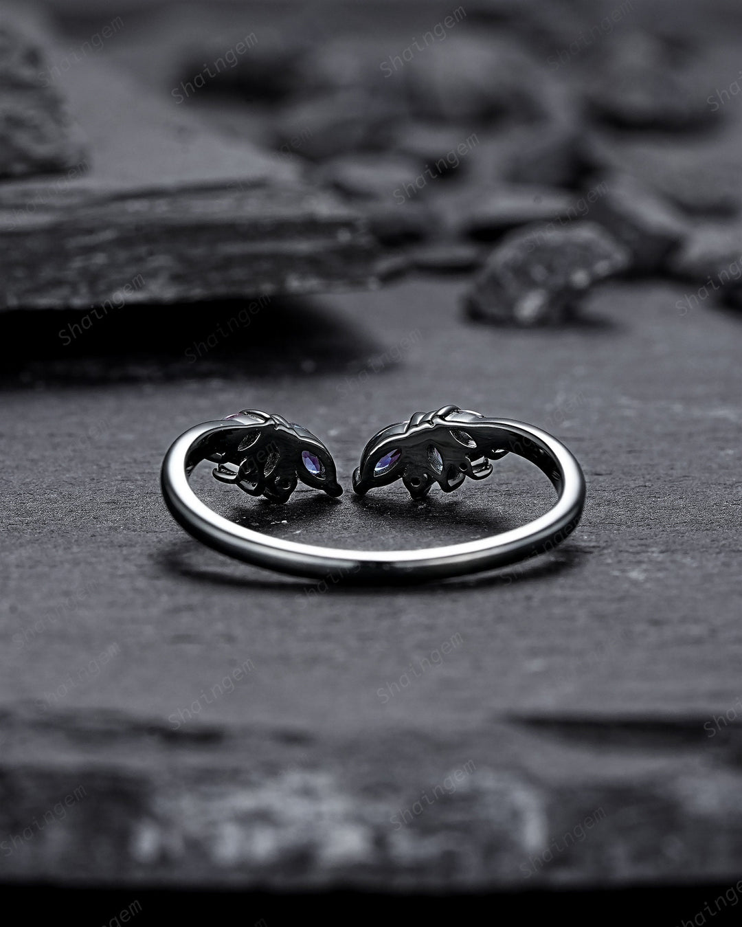 Open Gap Black Gold Marquise Alexandrite Wedding Band, Black Engagement Ring, Gothic Anniversary Matching Band, Rhodium Black Promise Ring - ShainJewelry