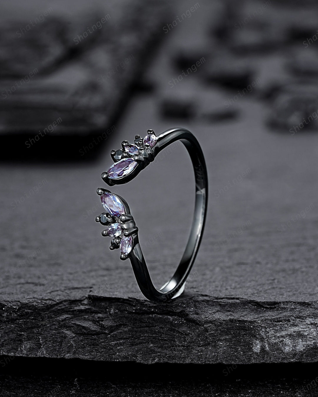 Open Gap Black Gold Marquise Alexandrite Wedding Band, Black Engagement Ring, Gothic Anniversary Matching Band, Rhodium Black Promise Ring - ShainJewelry