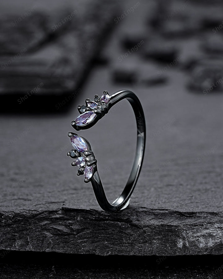 Open Gap Black Gold Marquise Alexandrite Wedding Band, Black Engagement Ring, Gothic Anniversary Matching Band, Rhodium Black Promise Ring - ShainJewelry