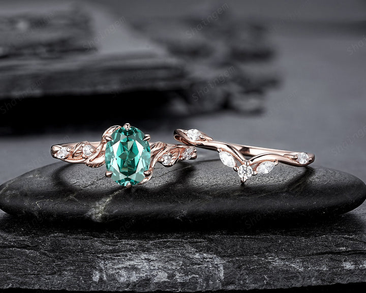 Oval Shape Teal Sapphire and Diamond Engagement Ring Set, Rose Gold Twig Branch Wedding Ring, Nature Inspired Promise Ring Gift for Women - ShainJewelry