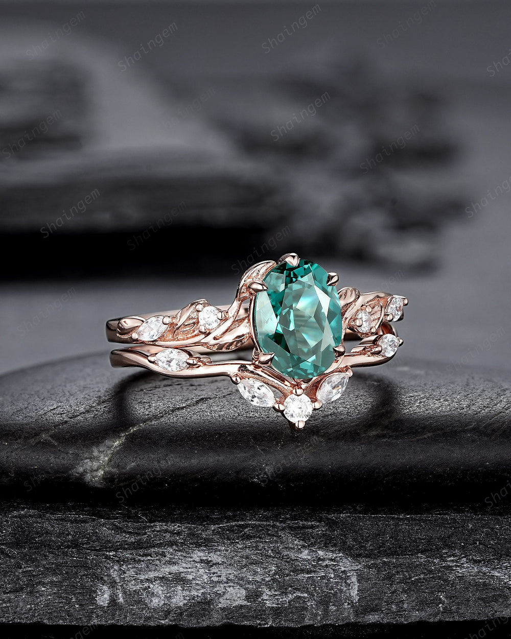 Oval Shape Teal Sapphire and Diamond Engagement Ring Set, Rose Gold Twig Branch Wedding Ring, Nature Inspired Promise Ring Gift for Women - ShainJewelry