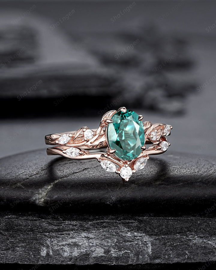 Oval Shape Teal Sapphire and Diamond Engagement Ring Set, Rose Gold Twig Branch Wedding Ring, Nature Inspired Promise Ring Gift for Women - ShainJewelry