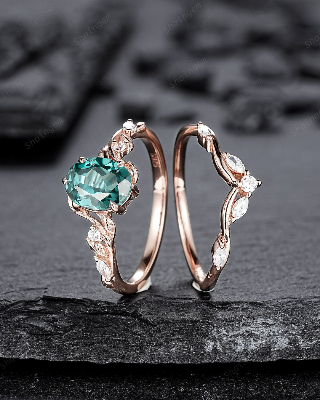 Oval Shape Teal Sapphire and Diamond Engagement Ring Set, Rose Gold Twig Branch Wedding Ring, Nature Inspired Promise Ring Gift for Women - ShainJewelry