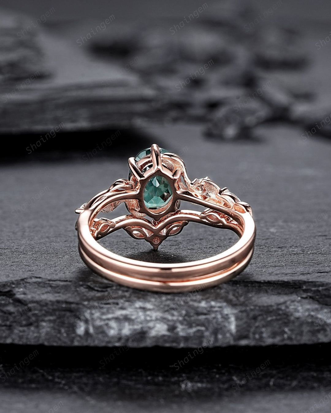 Oval Shape Teal Sapphire and Diamond Engagement Ring Set, Rose Gold Twig Branch Wedding Ring, Nature Inspired Promise Ring Gift for Women - ShainJewelry