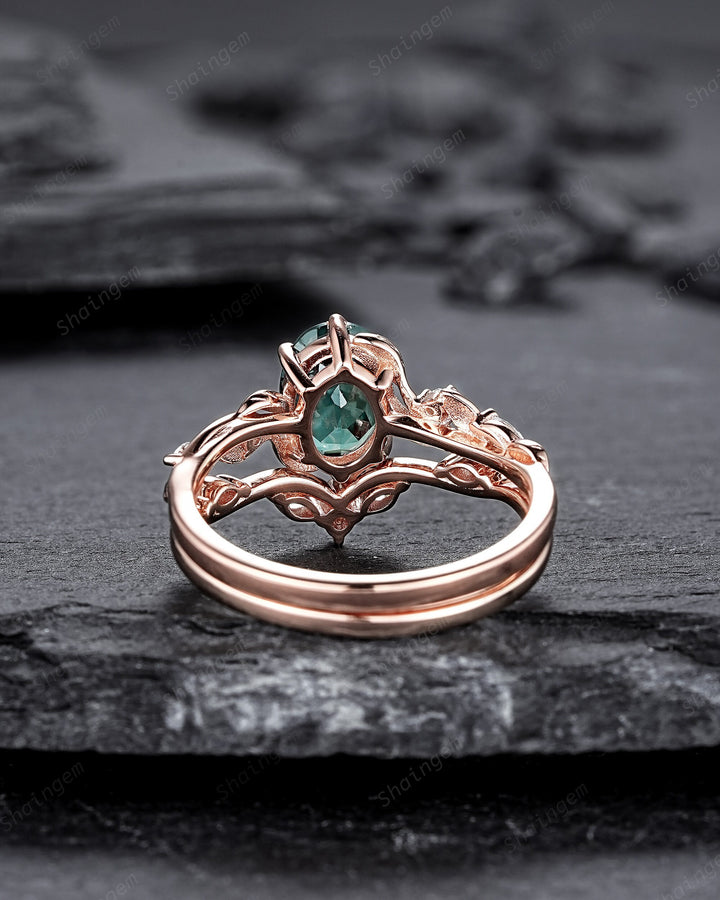 Oval Shape Teal Sapphire and Diamond Engagement Ring Set, Rose Gold Twig Branch Wedding Ring, Nature Inspired Promise Ring Gift for Women - ShainJewelry