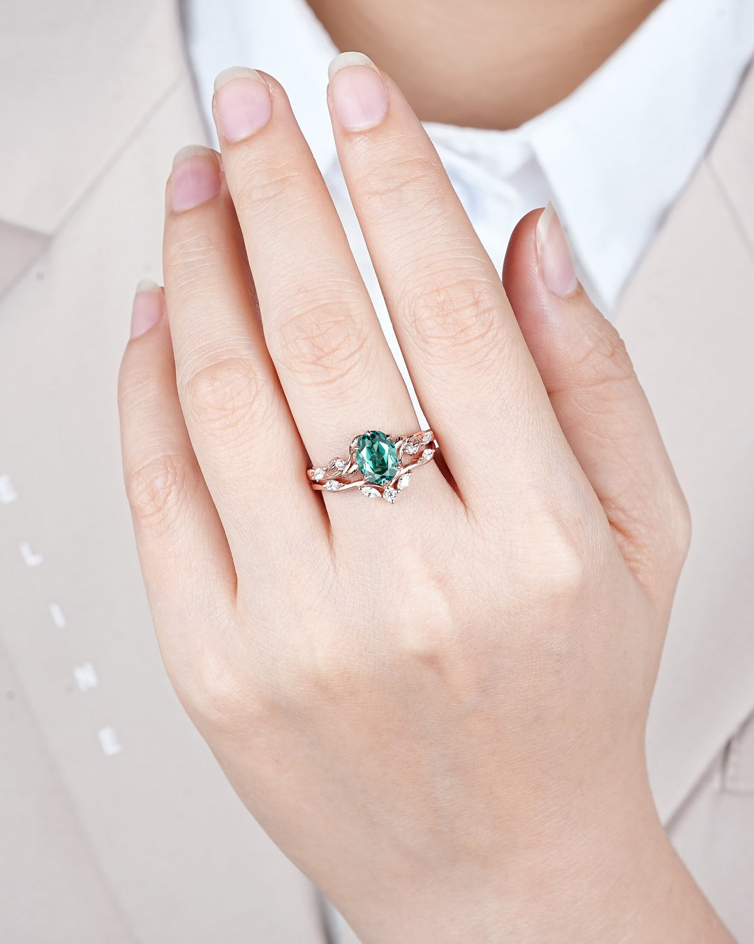 Oval Shape Teal Sapphire and Diamond Engagement Ring Set, Rose Gold Twig Branch Wedding Ring, Nature Inspired Promise Ring Gift for Women - ShainJewelry