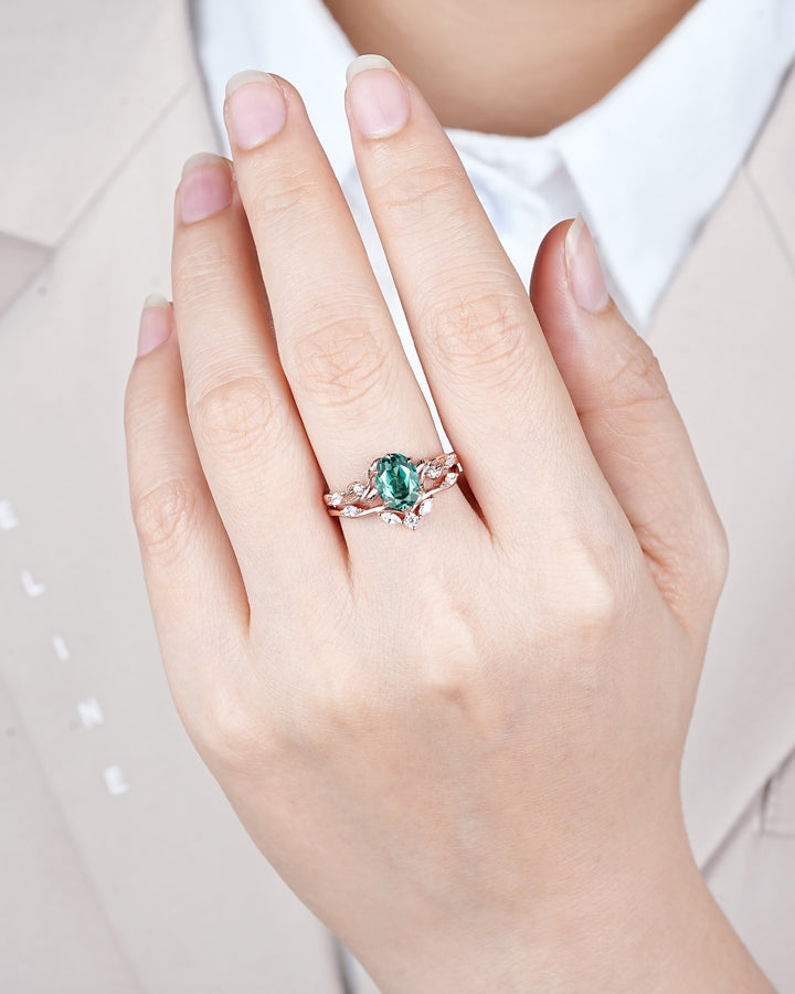 Oval Shape Teal Sapphire and Diamond Engagement Ring Set, Rose Gold Twig Branch Wedding Ring, Nature Inspired Promise Ring Gift for Women - ShainJewelry