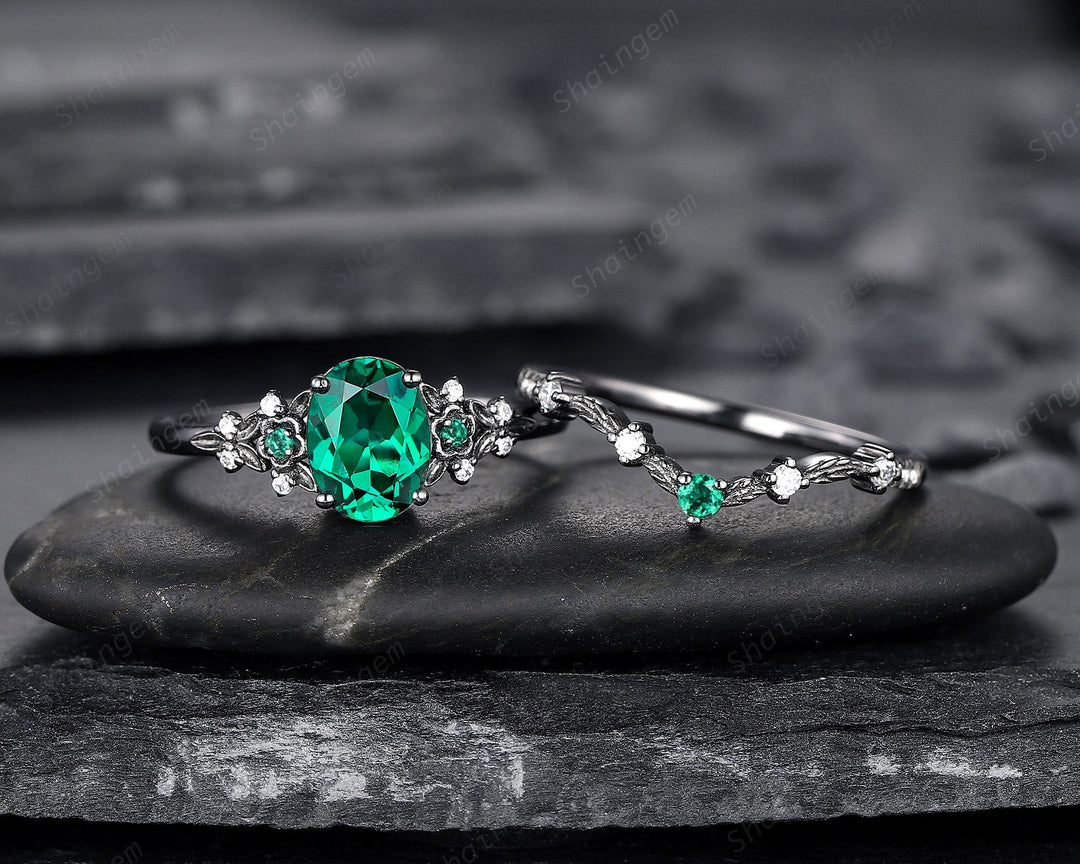 Vintage Black Gold Oval Shape Emerald Engagement Ring, Rhodium Black Emerald Wedding Set, Witchy Bridal Set Promise Ring Black Floral Ring - ShainJewelry