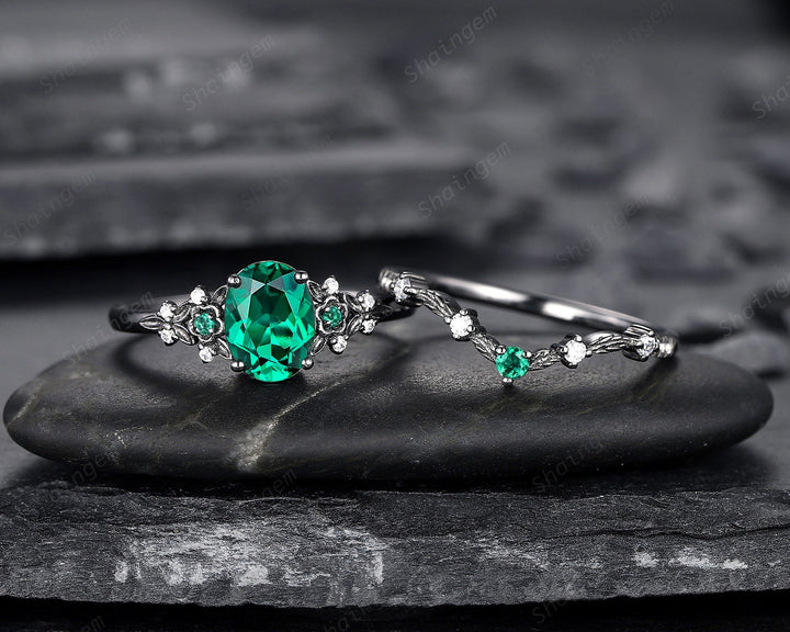 Vintage Black Gold Oval Shape Emerald Engagement Ring, Rhodium Black Emerald Wedding Set, Witchy Bridal Set Promise Ring Black Floral Ring - ShainJewelry