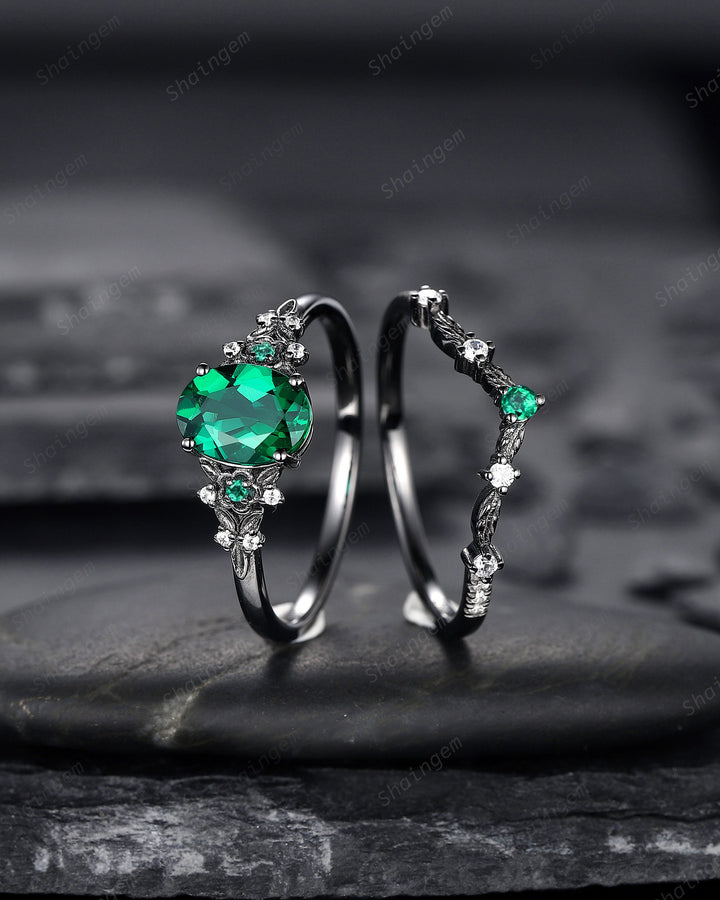 Vintage Black Gold Oval Shape Emerald Engagement Ring, Rhodium Black Emerald Wedding Set, Witchy Bridal Set Promise Ring Black Floral Ring - ShainJewelry