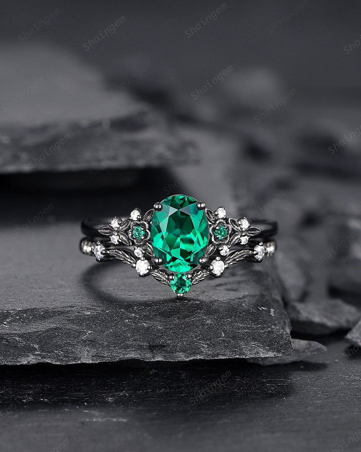 Vintage Black Gold Oval Shape Emerald Engagement Ring, Rhodium Black Emerald Wedding Set, Witchy Bridal Set Promise Ring Black Floral Ring - ShainJewelry
