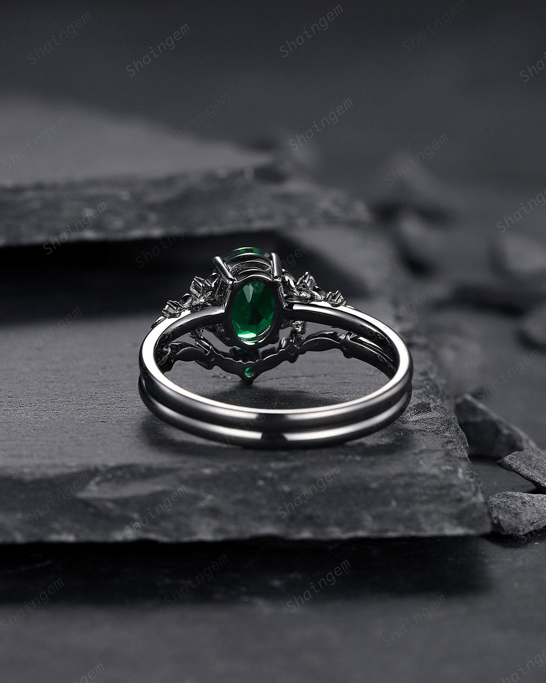 Vintage Black Gold Oval Shape Emerald Engagement Ring, Rhodium Black Emerald Wedding Set, Witchy Bridal Set Promise Ring Black Floral Ring - ShainJewelry