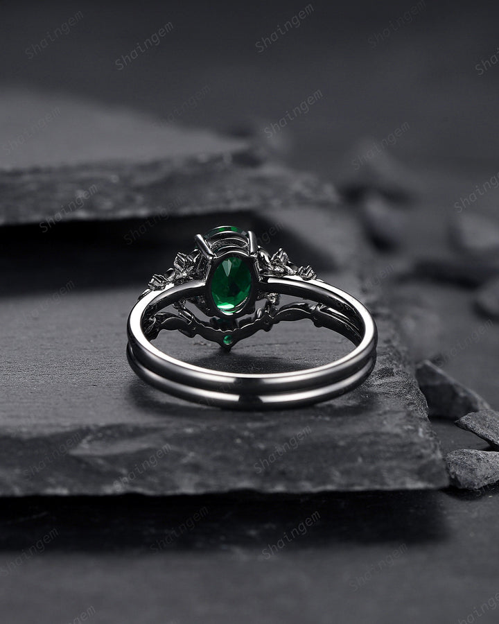 Vintage Black Gold Oval Shape Emerald Engagement Ring, Rhodium Black Emerald Wedding Set, Witchy Bridal Set Promise Ring Black Floral Ring - ShainJewelry