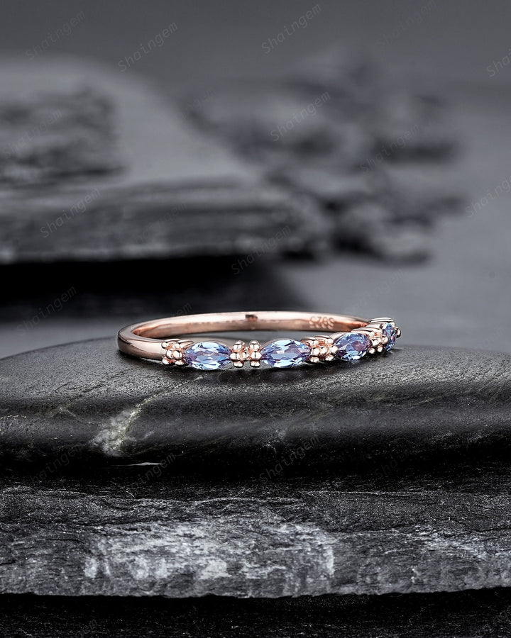 Marquise Alexandrite Wedding Band, 14K Rose Gold Engagement Band, Straight Matching Band, Promise Ring, Engagement Ring Gift for Women - ShainJewelry
