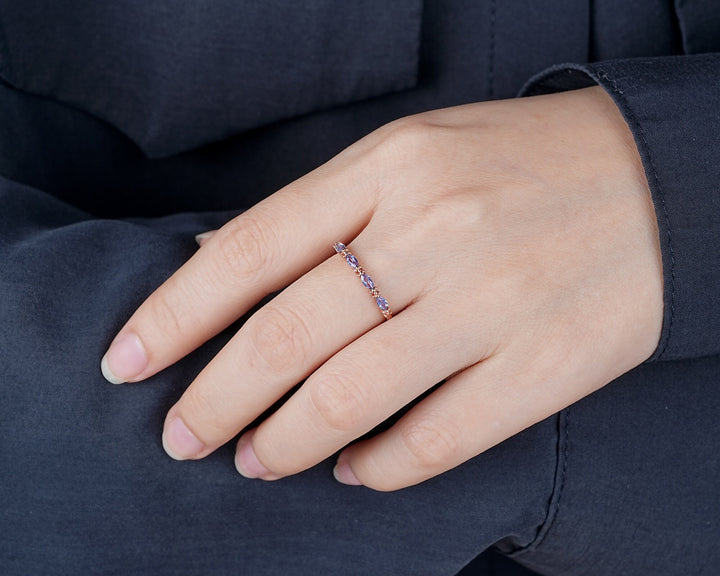 Marquise Alexandrite Wedding Band, 14K Rose Gold Engagement Band, Straight Matching Band, Promise Ring, Engagement Ring Gift for Women - ShainJewelry