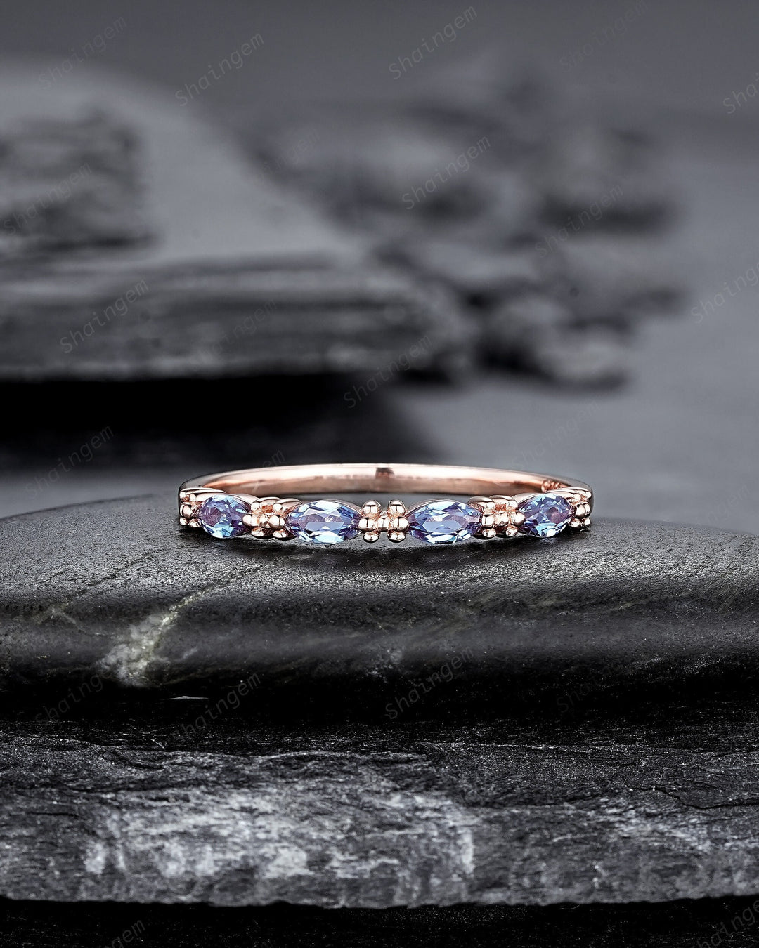 Marquise Alexandrite Wedding Band, 14K Rose Gold Engagement Band, Straight Matching Band, Promise Ring, Engagement Ring Gift for Women - ShainJewelry