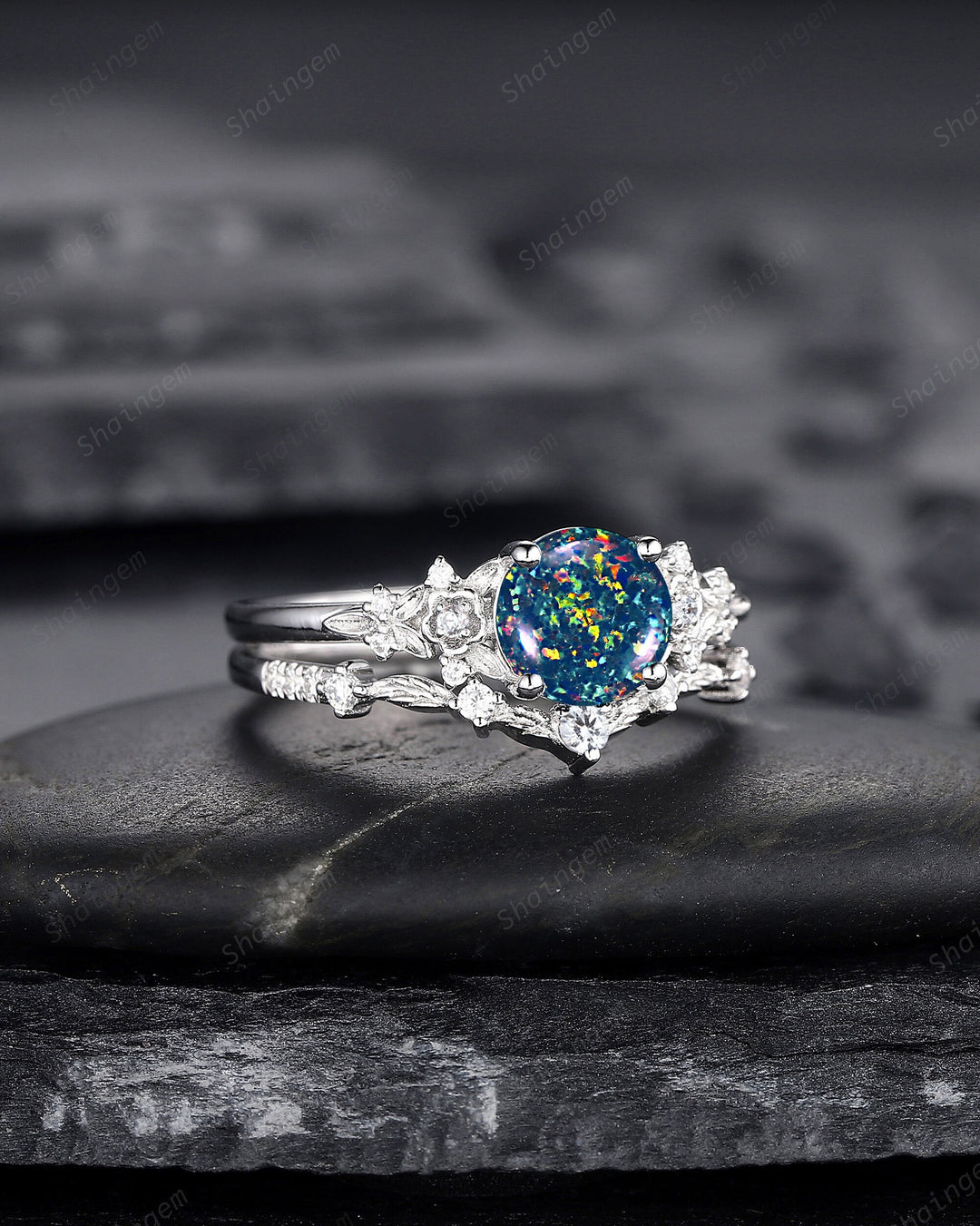 Vintage Round Shape Black Fire Opal Engagement Ring Set, Unique 14K White Gold Floral Opal Wedding Ring Bridal Set, Promise Ring for Women - ShainJewelry