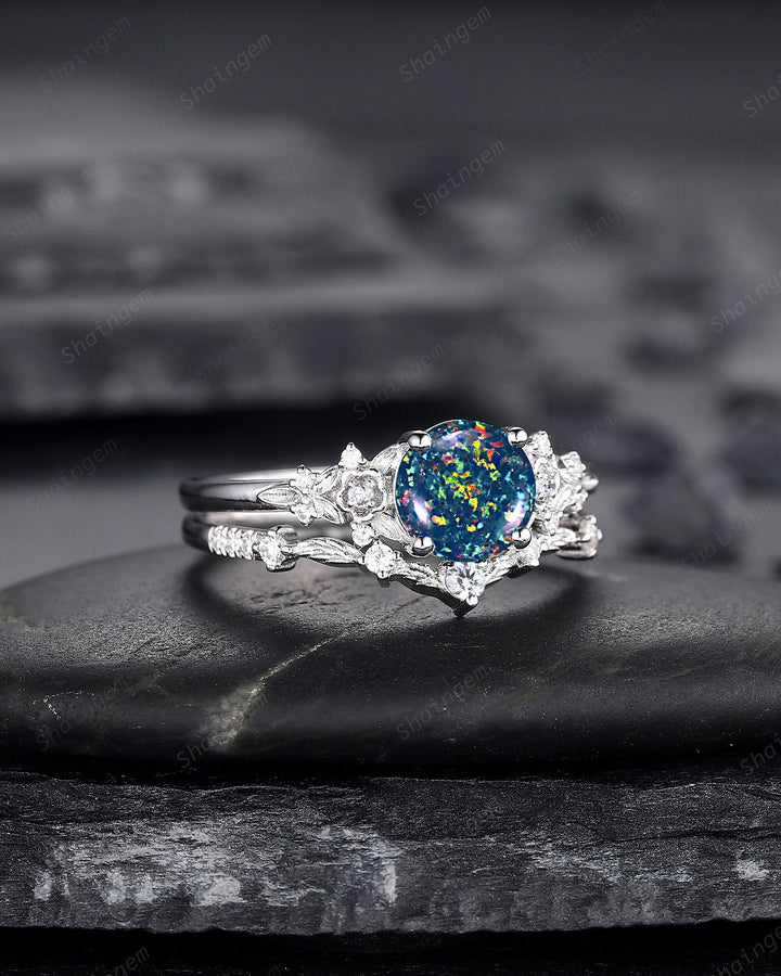 Vintage Round Shape Black Fire Opal Engagement Ring Set, Unique 14K White Gold Floral Opal Wedding Ring Bridal Set, Promise Ring for Women - ShainJewelry