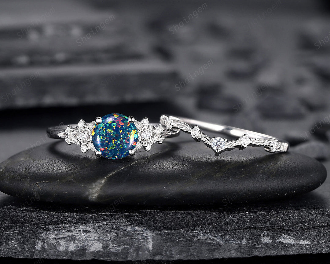 Vintage Round Shape Black Fire Opal Engagement Ring Set, Unique 14K White Gold Floral Opal Wedding Ring Bridal Set, Promise Ring for Women - ShainJewelry