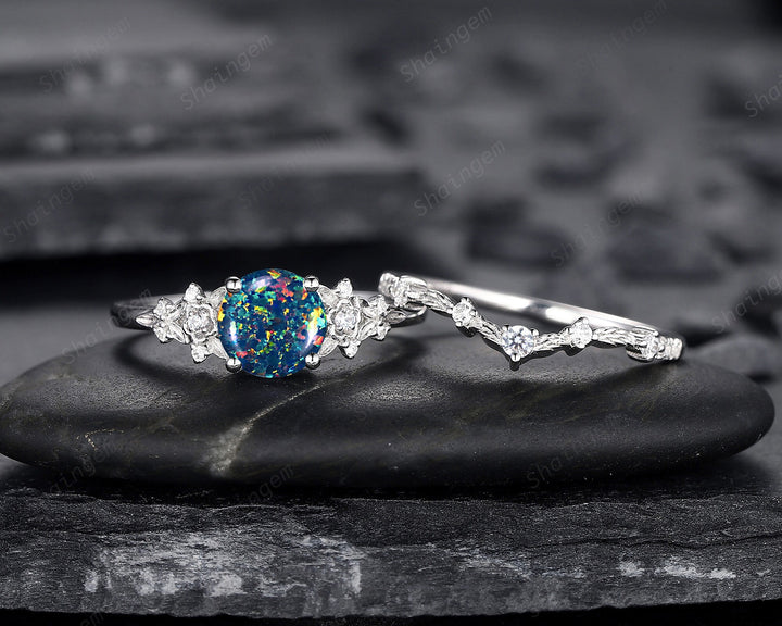 Vintage Round Shape Black Fire Opal Engagement Ring Set, Unique 14K White Gold Floral Opal Wedding Ring Bridal Set, Promise Ring for Women - ShainJewelry