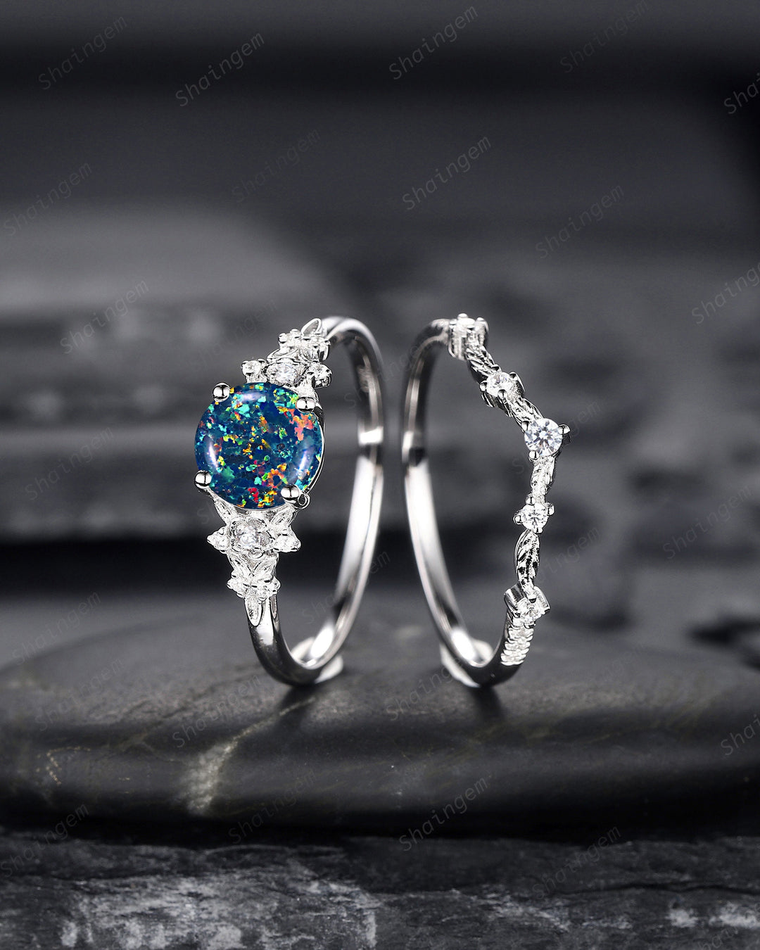 Vintage Round Shape Black Fire Opal Engagement Ring Set, Unique 14K White Gold Floral Opal Wedding Ring Bridal Set, Promise Ring for Women - ShainJewelry