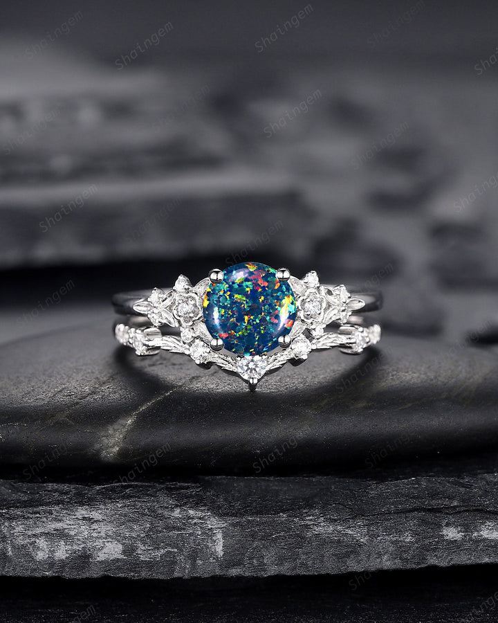 Vintage Round Shape Black Fire Opal Engagement Ring Set, Unique 14K White Gold Floral Opal Wedding Ring Bridal Set, Promise Ring for Women - ShainJewelry