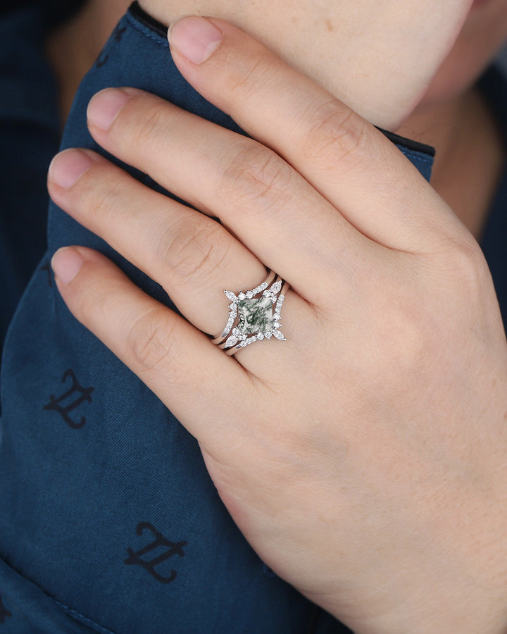 Princess Cut Moss Agate Bridal Set, Ring Guard Spacer Engagement Ring Set, Soldered Dual Band Wedding Set, White Gold Promise Ring Gift - ShainJewelry