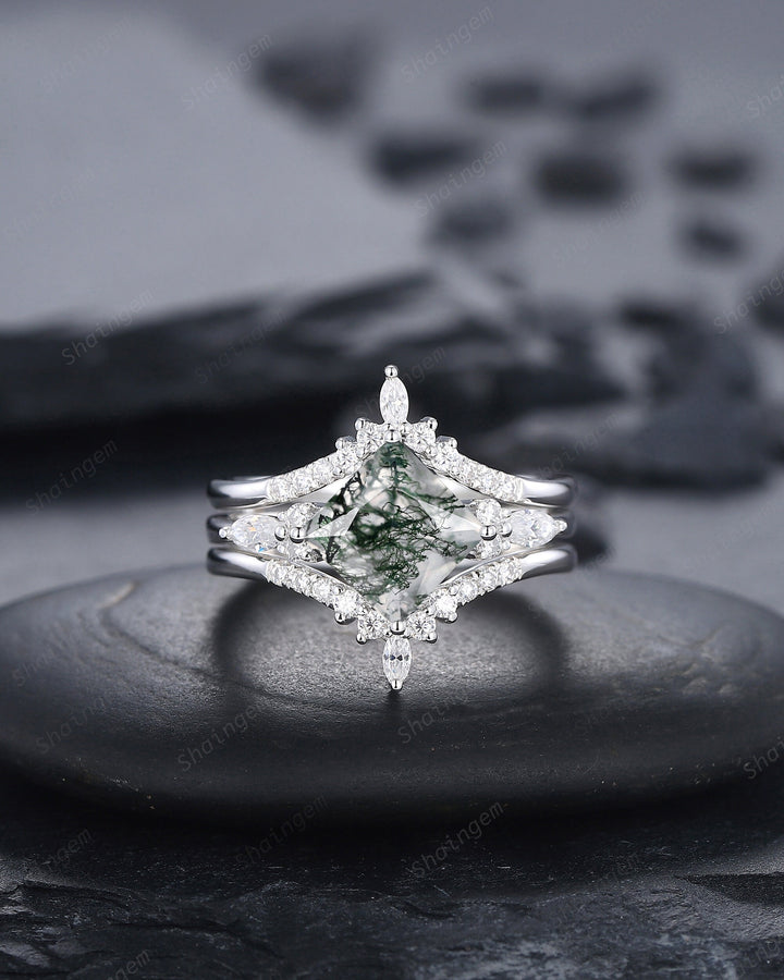 Princess Cut Moss Agate Bridal Set, Ring Guard Spacer Engagement Ring Set, Soldered Dual Band Wedding Set, White Gold Promise Ring Gift - ShainJewelry