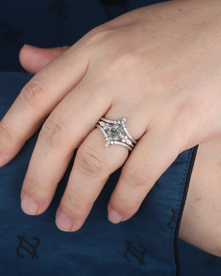 Princess Cut Moss Agate Bridal Set, Ring Guard Spacer Engagement Ring Set, Soldered Dual Band Wedding Set, White Gold Promise Ring Gift - ShainJewelry