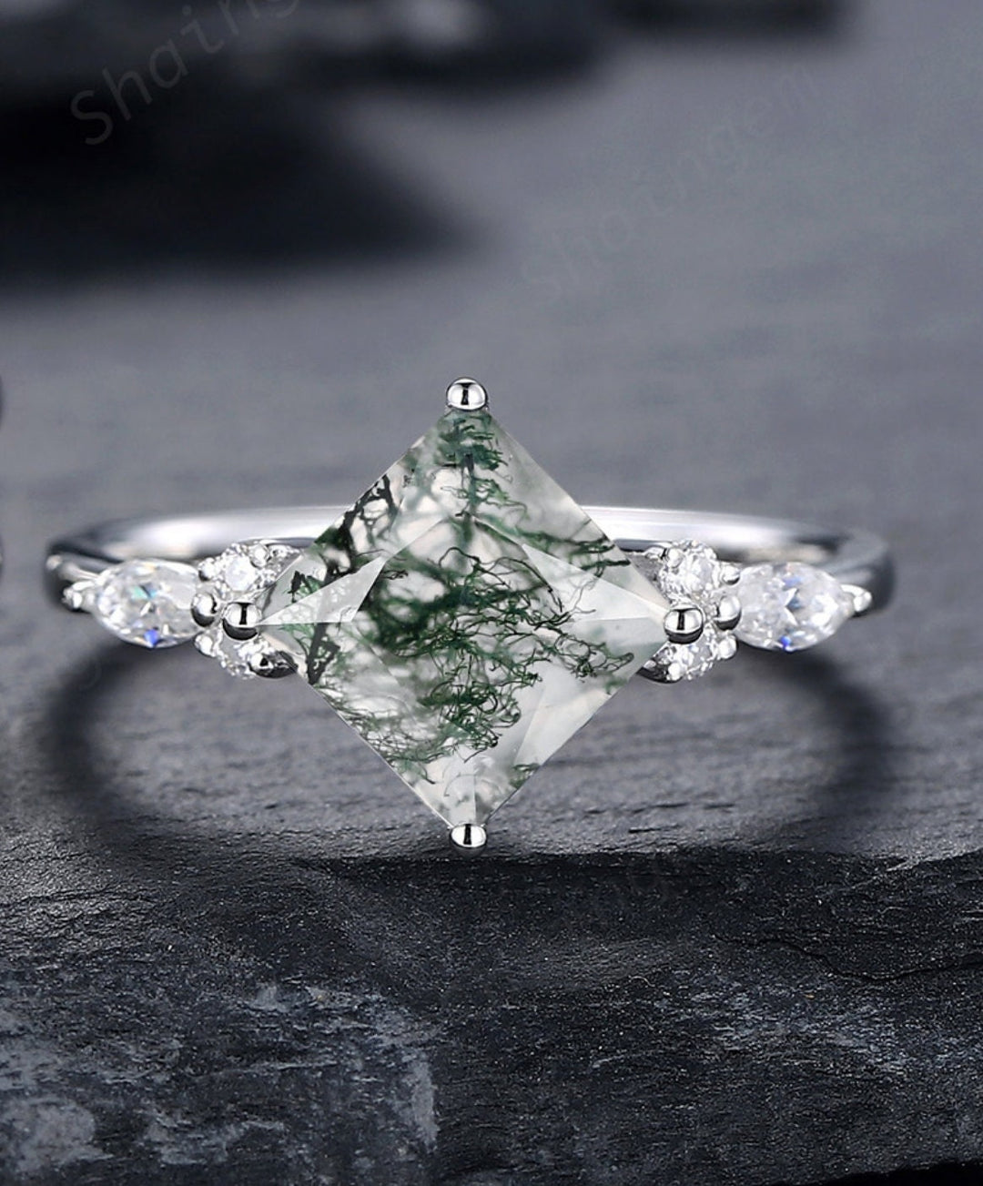 Princess Cut Moss Agate Bridal Set, Ring Guard Spacer Engagement Ring Set, Soldered Dual Band Wedding Set, White Gold Promise Ring Gift - ShainJewelry
