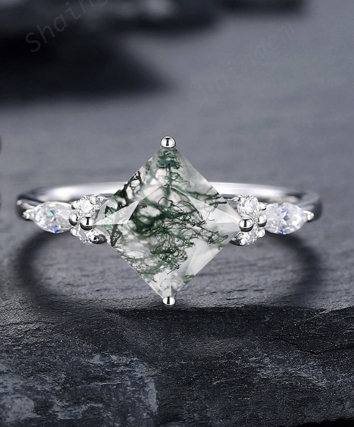 Princess Cut Moss Agate Bridal Set, Ring Guard Spacer Engagement Ring Set, Soldered Dual Band Wedding Set, White Gold Promise Ring Gift - ShainJewelry