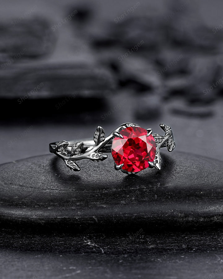 Black Gold Finish Round Ruby Engagement Ring, Rhodium Black Hip Hop Leaf Nature Inspired Ruby Promise Ring, Gothic Anniversary Gift for her - ShainJewelry