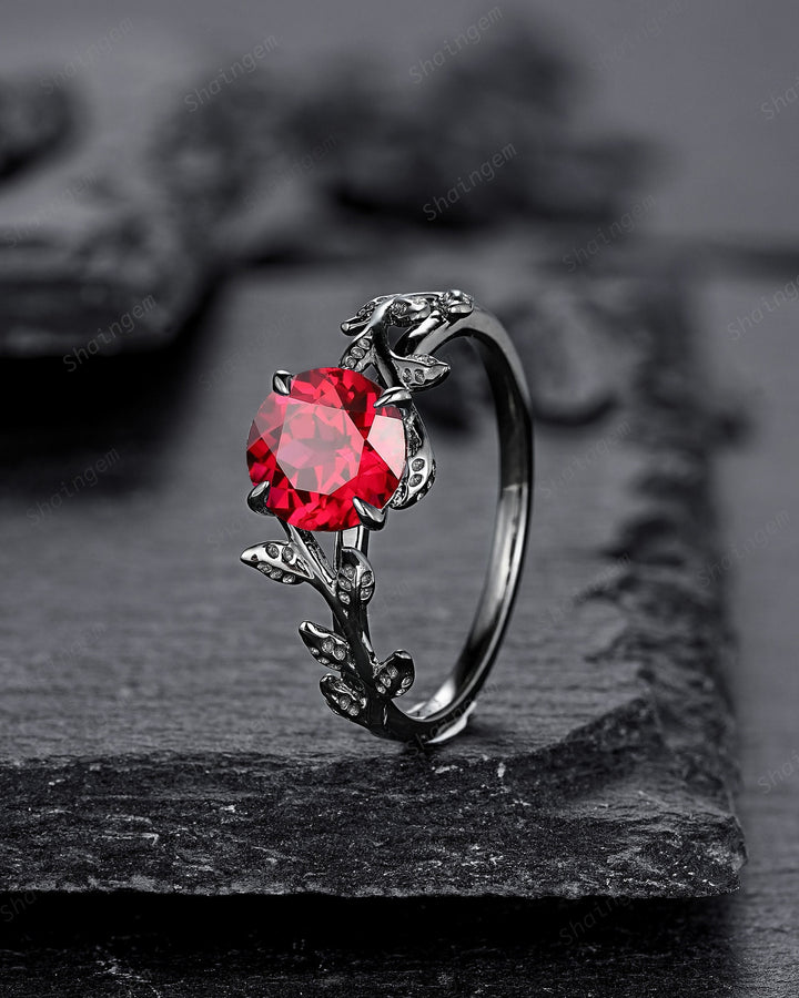 Black Gold Finish Round Ruby Engagement Ring, Rhodium Black Hip Hop Leaf Nature Inspired Ruby Promise Ring, Gothic Anniversary Gift for her - ShainJewelry