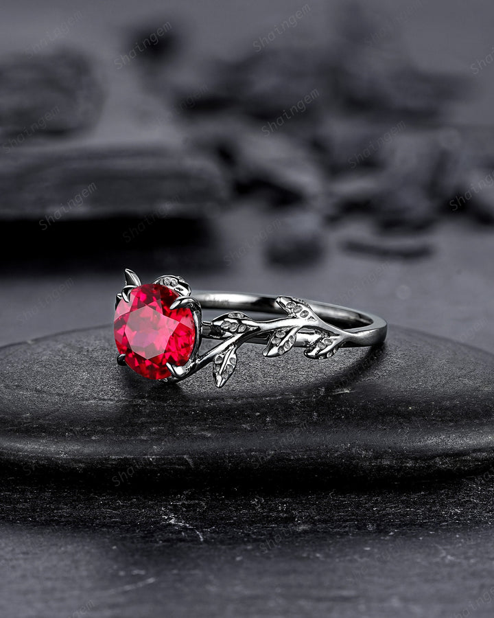 Black Gold Finish Round Ruby Engagement Ring, Rhodium Black Hip Hop Leaf Nature Inspired Ruby Promise Ring, Gothic Anniversary Gift for her - ShainJewelry